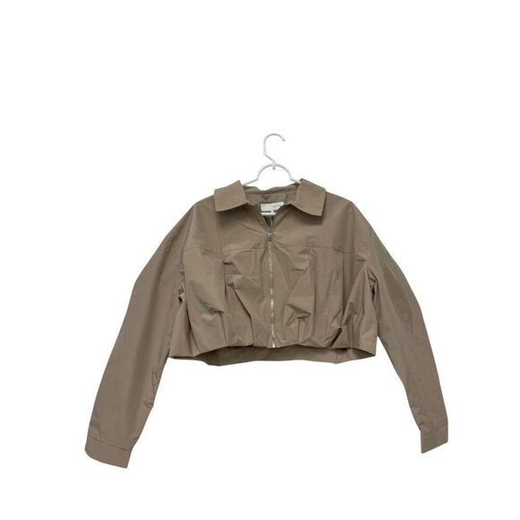 Zara Womens Jacket Large L Cropped Pleated Khaki Beige Full Zip 2753/034 NWT - Picture 2 of 10